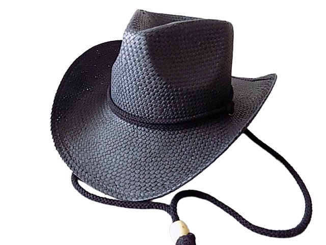 Black cowboy hat with a rope on a white background