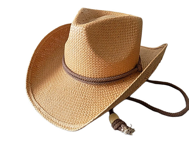 Brown straw cowboy hat with a band and tassel on a white background