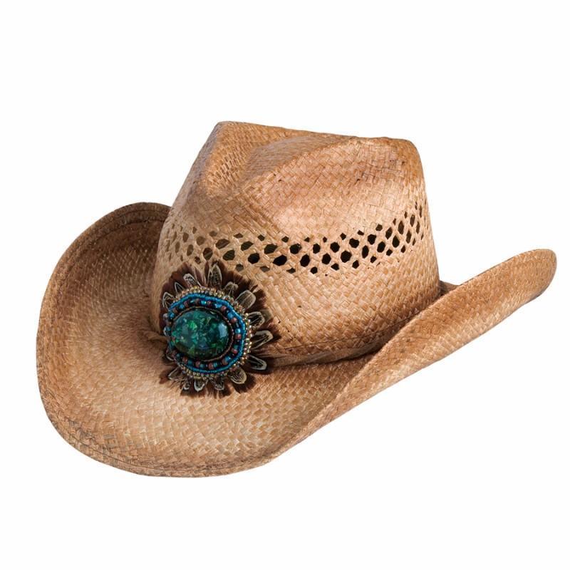 Straw Hat Women's Hat Caramel / One Size Navajo Western Bead and Feather Raffia Hat