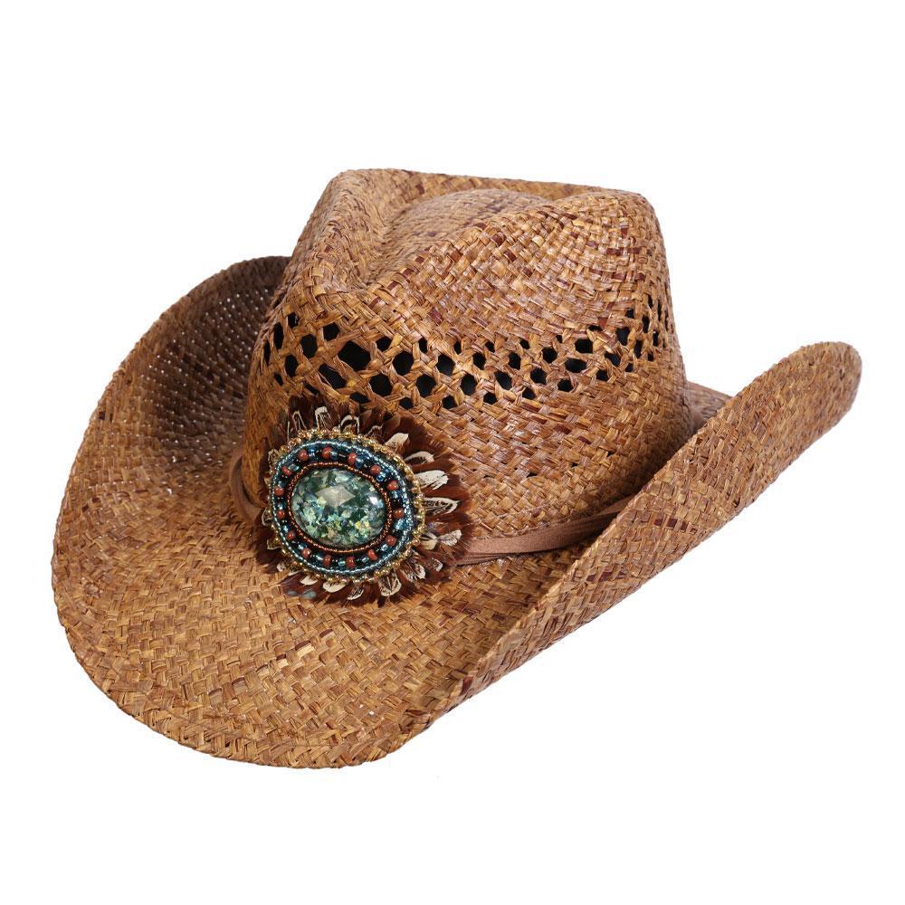 Straw Hat Women's Hat Dark Brown / One Size Navajo Western Bead and Feather Raffia Hat